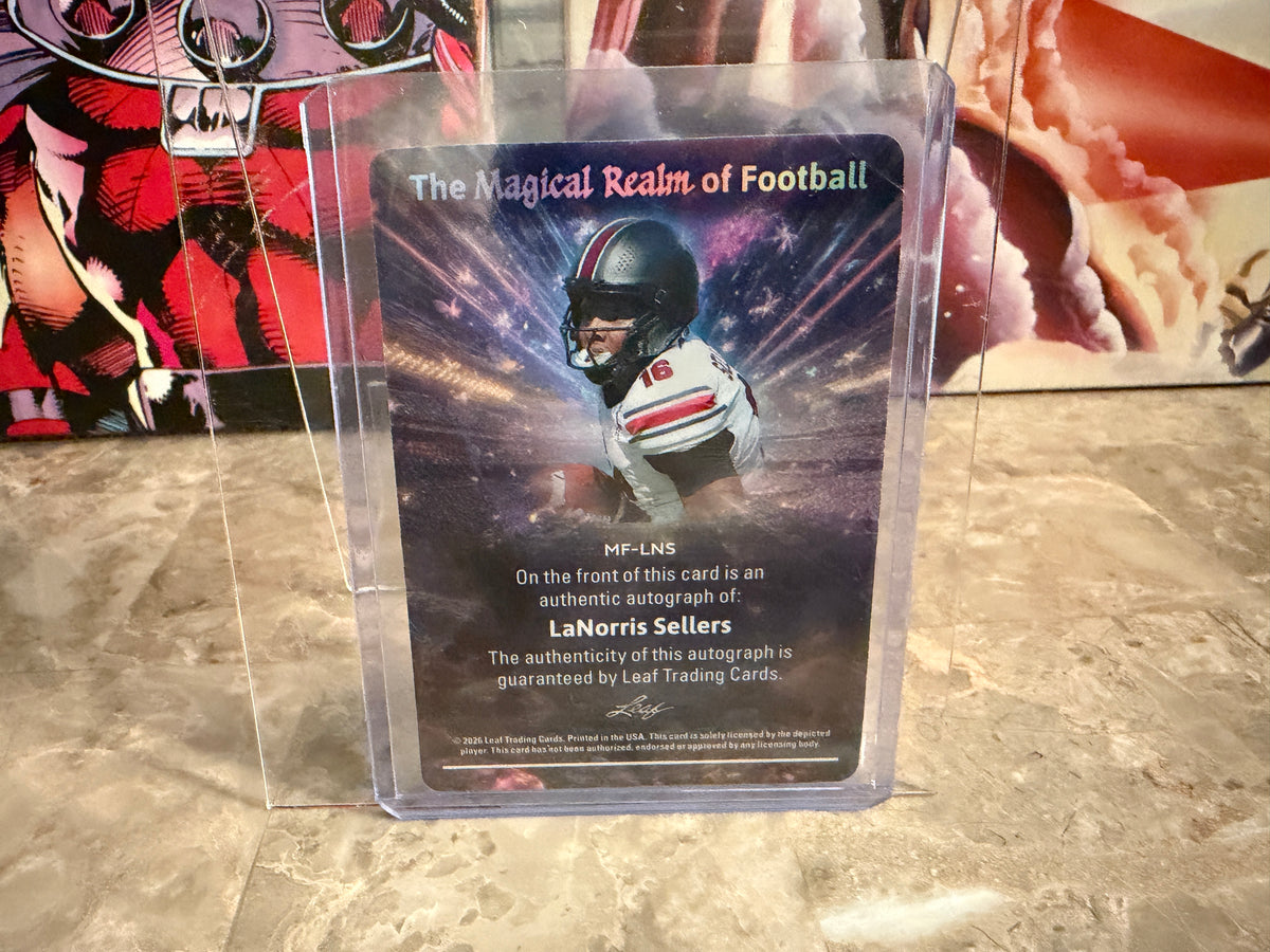 LaNorris Sellers 2026 Leaf Trinity Magical Realm of Football Auto Red /25