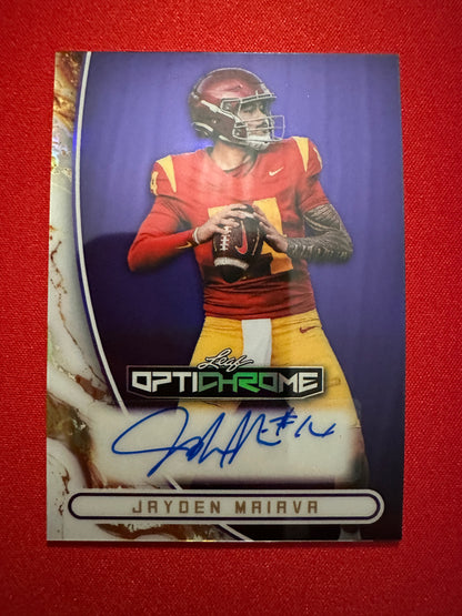 2026 Leaf Optichrome Football Jayden Maiava Base Autograph Purple Prismatic /7