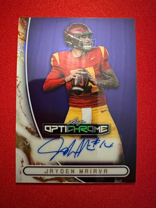 2026 Leaf Optichrome Football Jayden Maiava Base Autograph Purple Prismatic /7