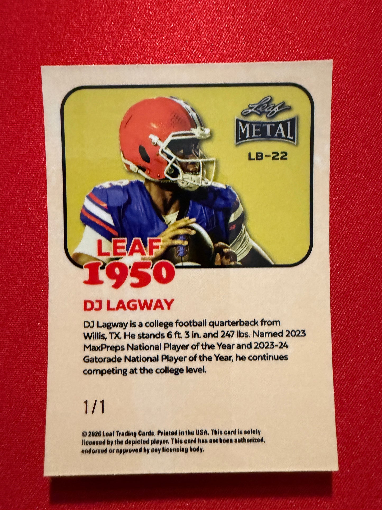 2026 Leaf Metal Football 1950 DJ Lagway Gold Super Prismatic 1/1