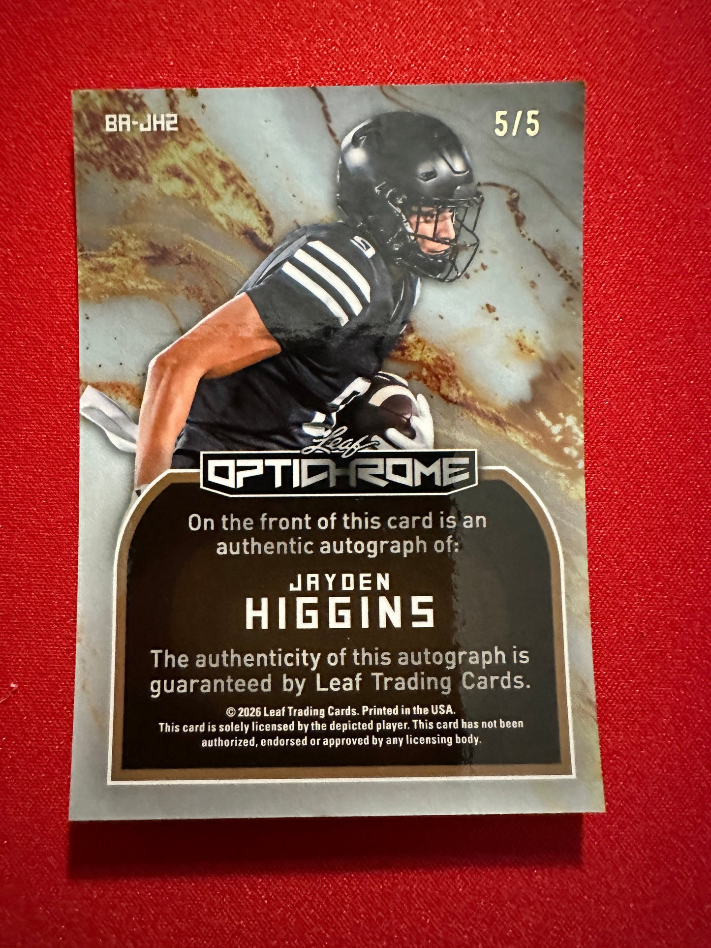 Jayden Higgins 2026 Leaf Optichrome Snow Day Silver Prismatic AUTO 5/5 Texans