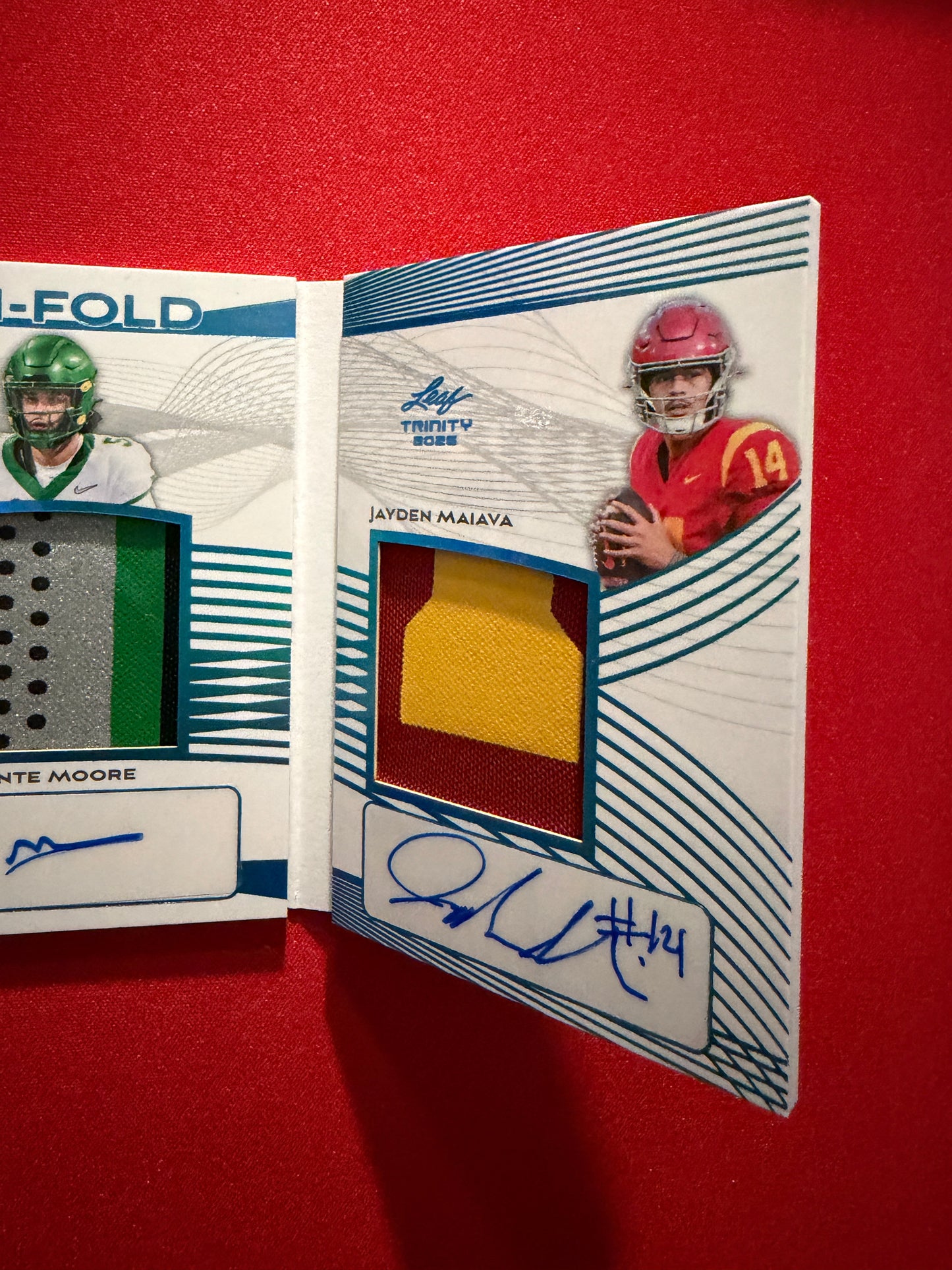 CJ Carr Dante Moore Maiava 2026 Leaf Trinity Football Tri-Fold Triple Patch Auto