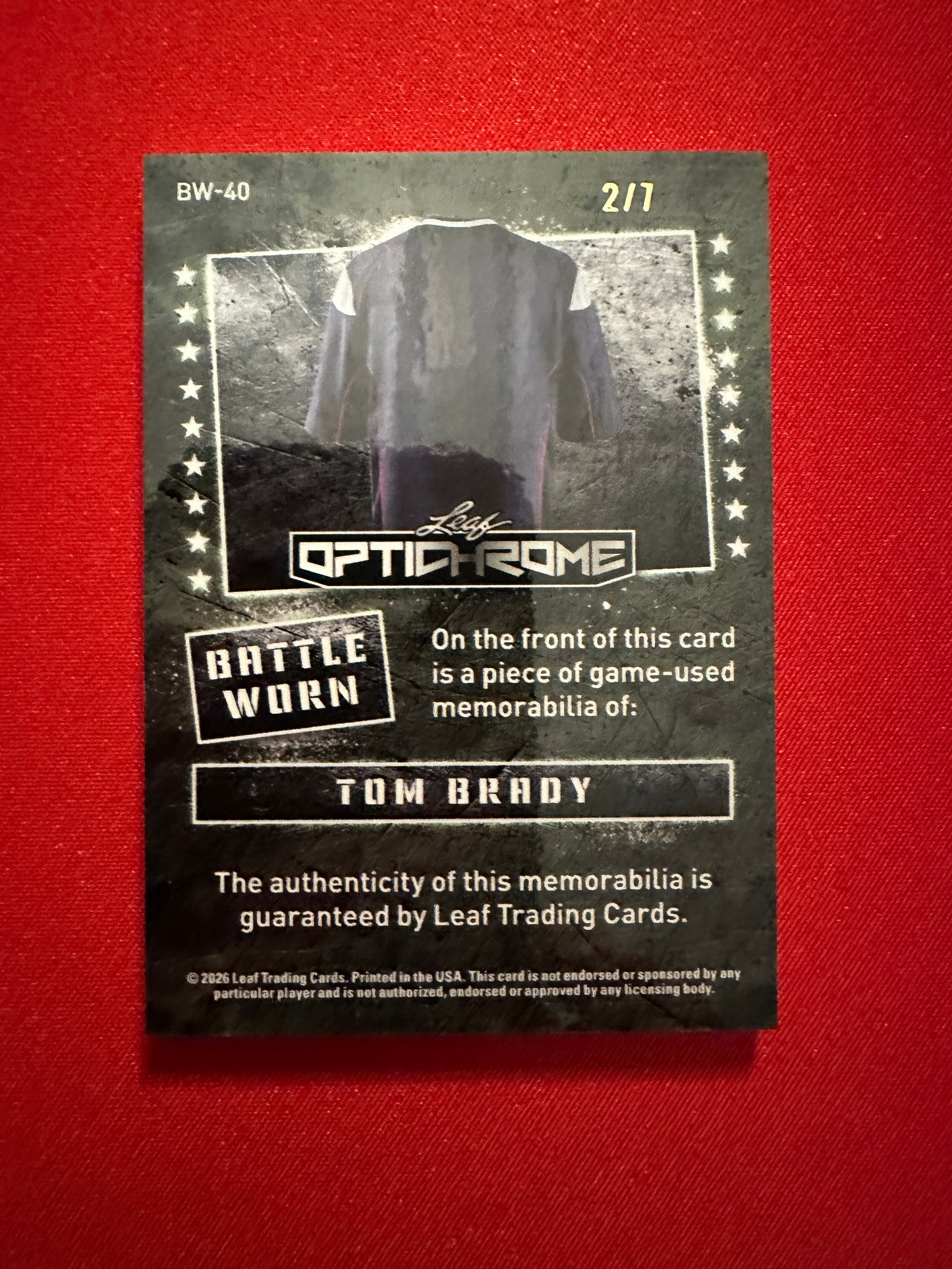 2026 Leaf Optichrome Tom Brady Battle Worn Purple Crystal Game Used Jersey 2/7