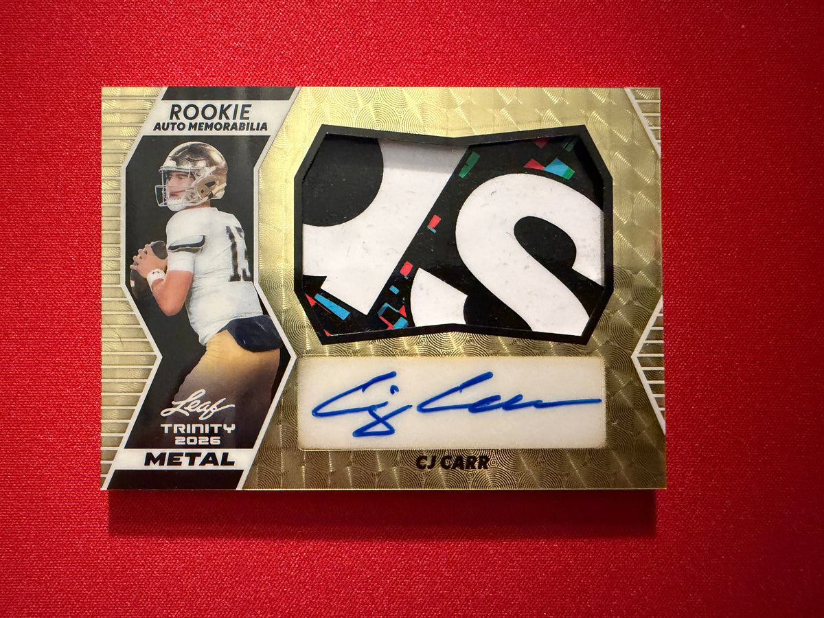 CJ Carr 2026 Leaf Trinity Rookie Auto Mem Metal Super Gold Rubber Patch 1/1
