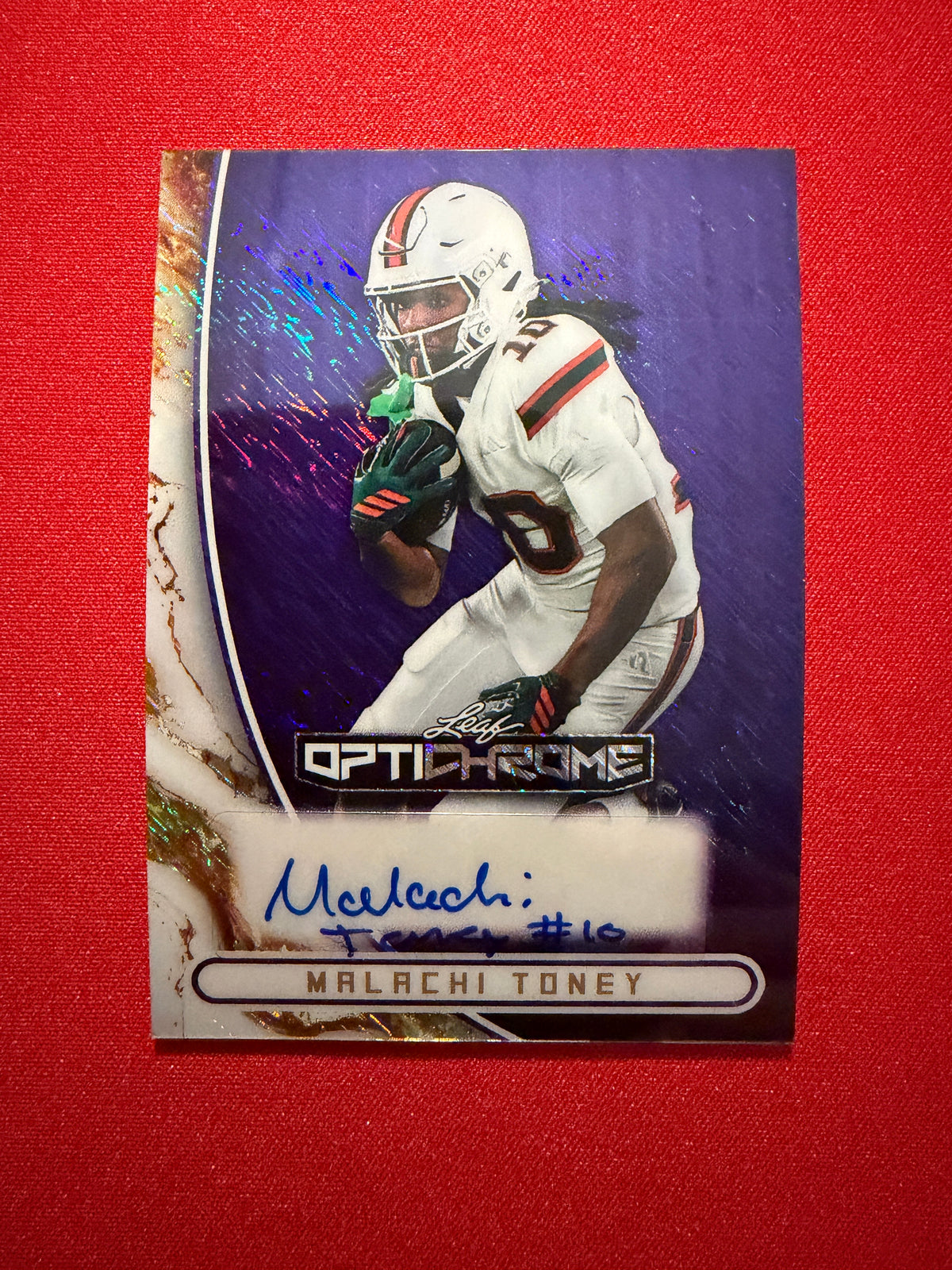 Malachi Toney 2026 Leaf Optichrome Football Base Auto Purple Shimmer 7/7 Bookend