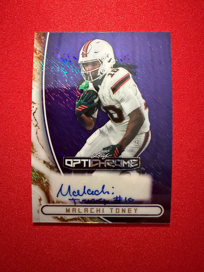 Malachi Toney 2026 Leaf Optichrome Football Base Auto Purple Shimmer 7/7 Bookend