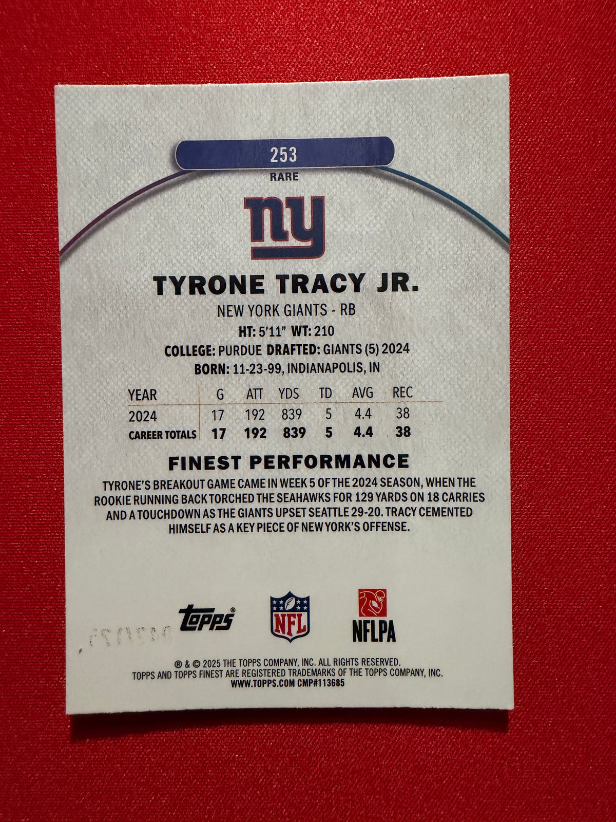 2025 Topps Finest Football Tyrone Tracy Jr. Rare Purple /125 #253