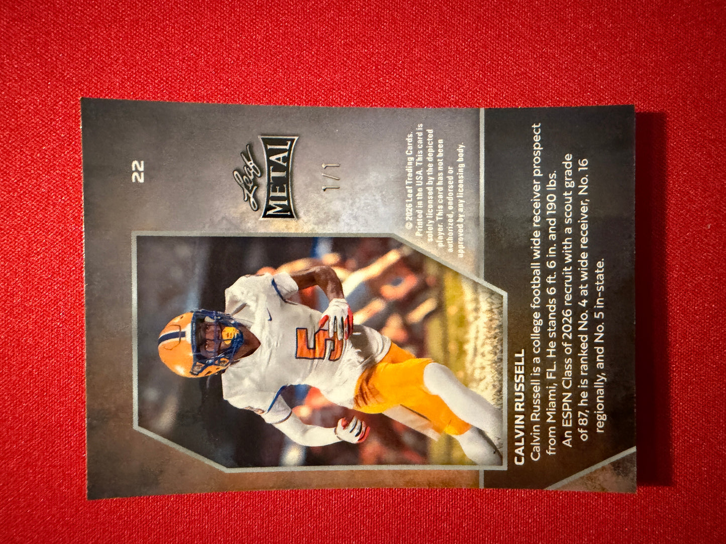 2026 Leaf Metal Football Calvin Russell Base Red Flood 1/1