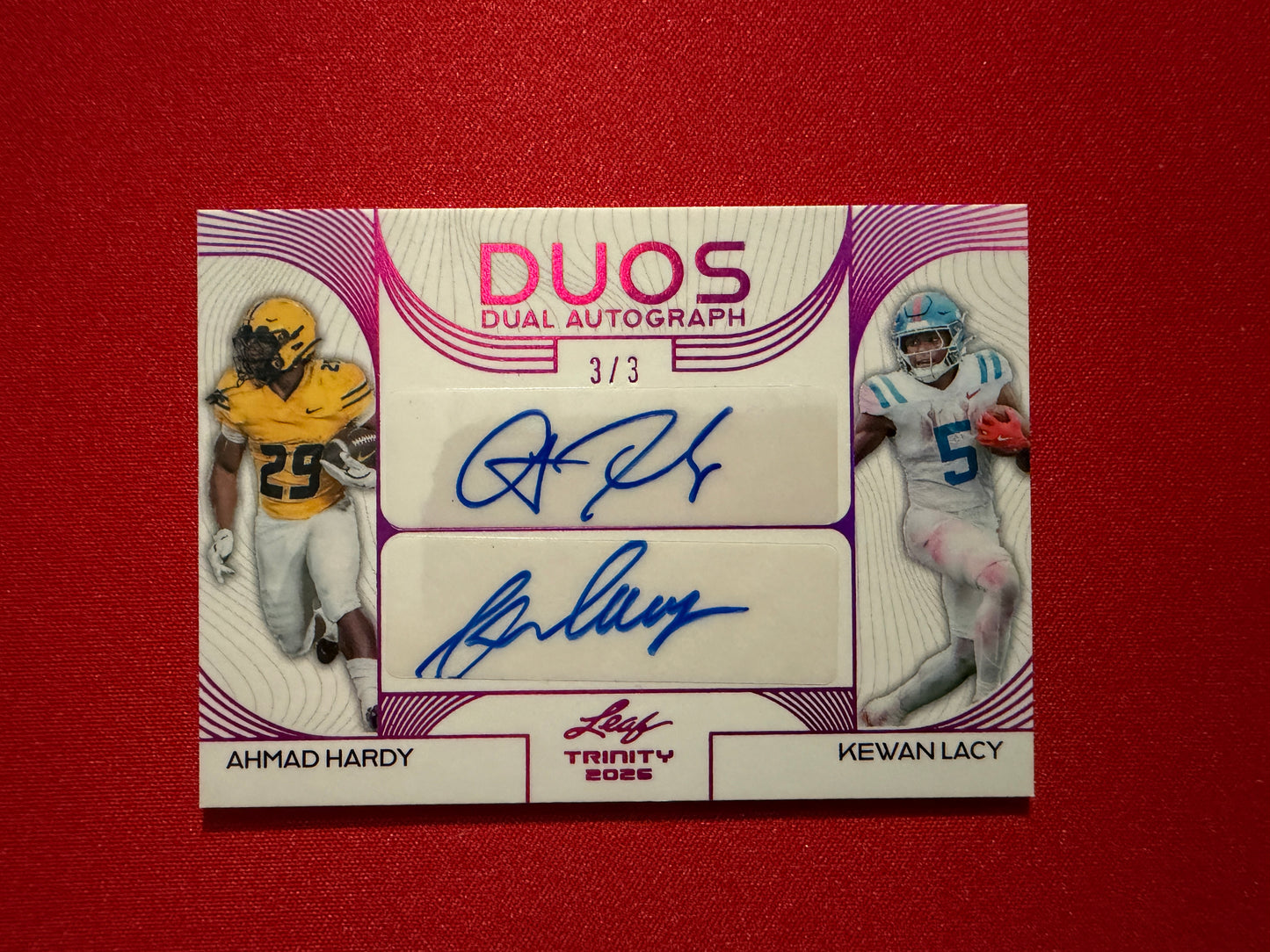 Kewan Lacy Ahmad Hardy 2026 Leaf Trinity Football Duos Dual Auto Pink /3