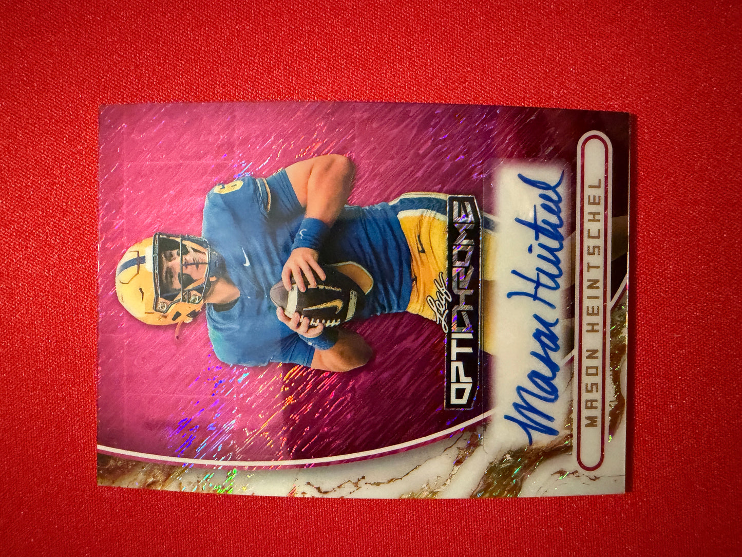 Mason Heintschel Leaf Optichrome Football Base Auto Pink Shimmer 1/6 Bookend