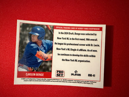 Carson Benge 2026 Leaf Pro Set Metal Baseball 1989 Silver 10/10 Bookend