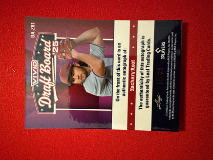 2026 Leaf Vivid Baseball Draft Board ‘25 Blue Prismatic Zachary Root Auto 19/25