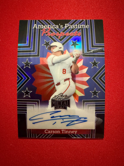 Carson Tinney 2026 Leaf Metal Draft Edition America’s Pastime Prospects Auto Black 1/1