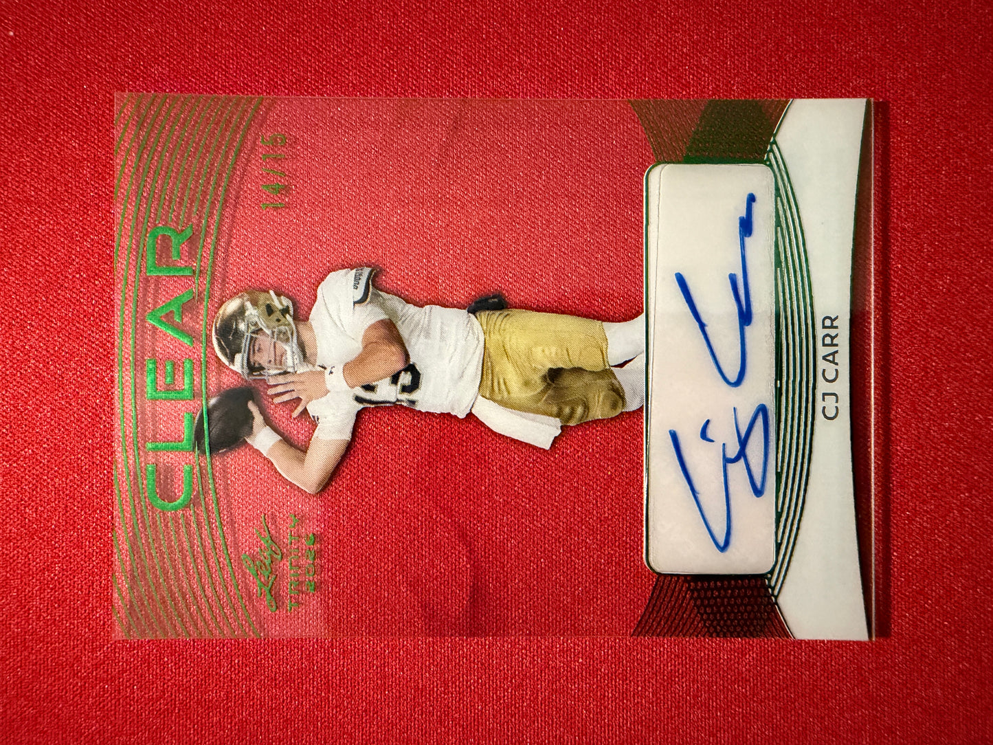 CJ Carr 2026 Leaf Trinity Football Clear Green Auto /15