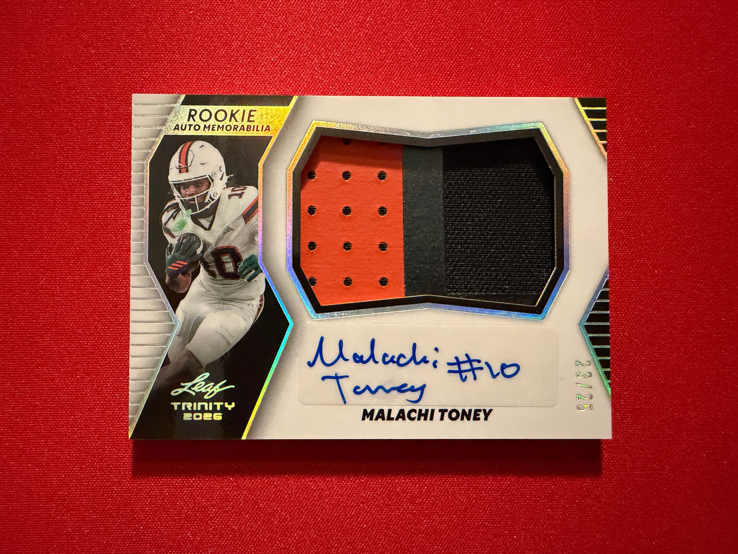 Malachi Toney 2026 Leaf Trinity Football Rookie Auto Memorabilia Multicolor Patch /25