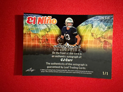 CJ Carr 2026 Leaf Autograph Collection Football El Niño Silver True 1/1