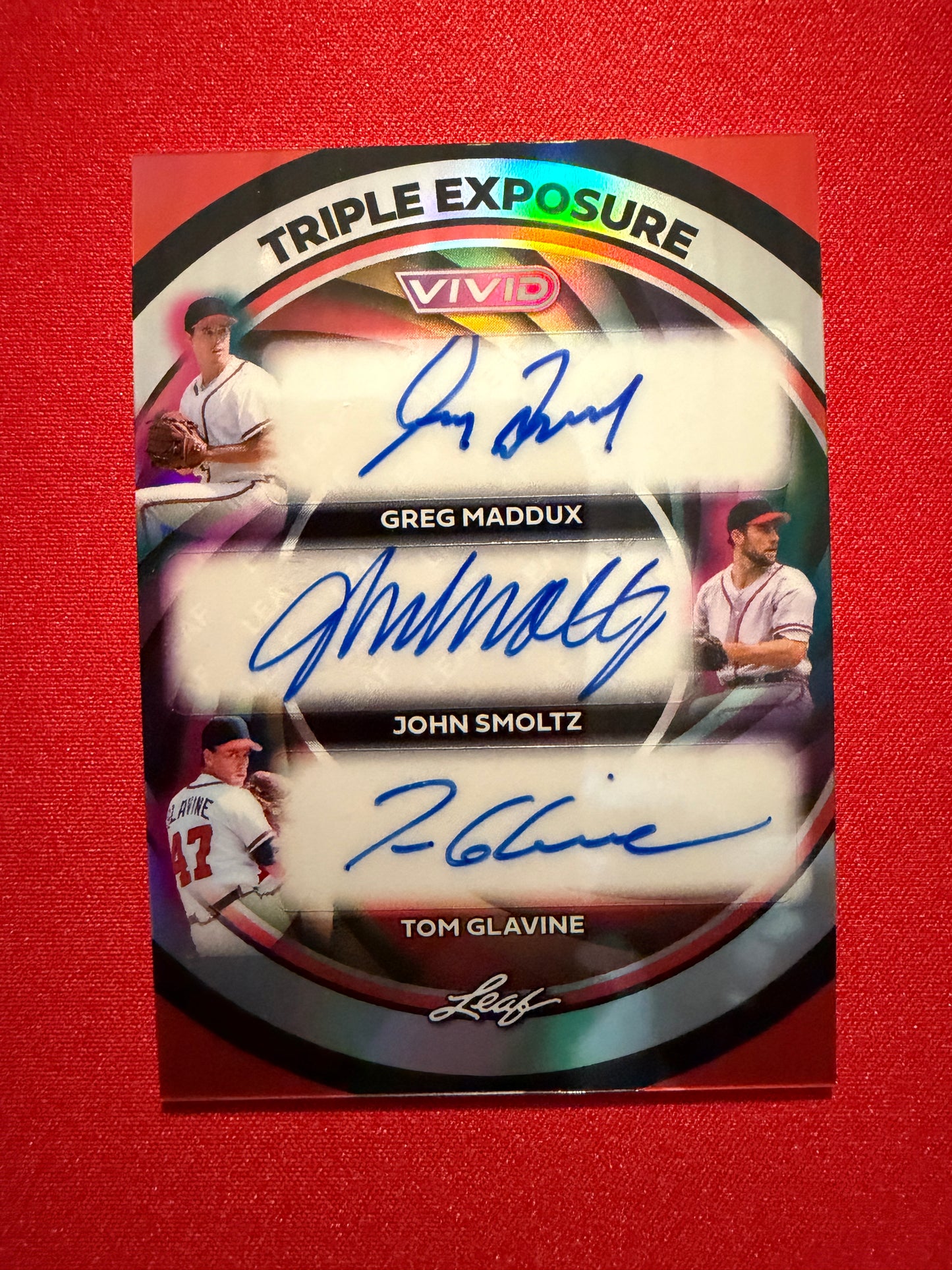 2026 Leaf Vivid Baseball Triple Exposure Auto Maddux Glavine Smoltz Red