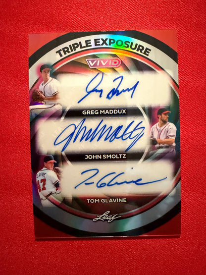 2026 Leaf Vivid Baseball Triple Exposure Auto Maddux Glavine Smoltz Red