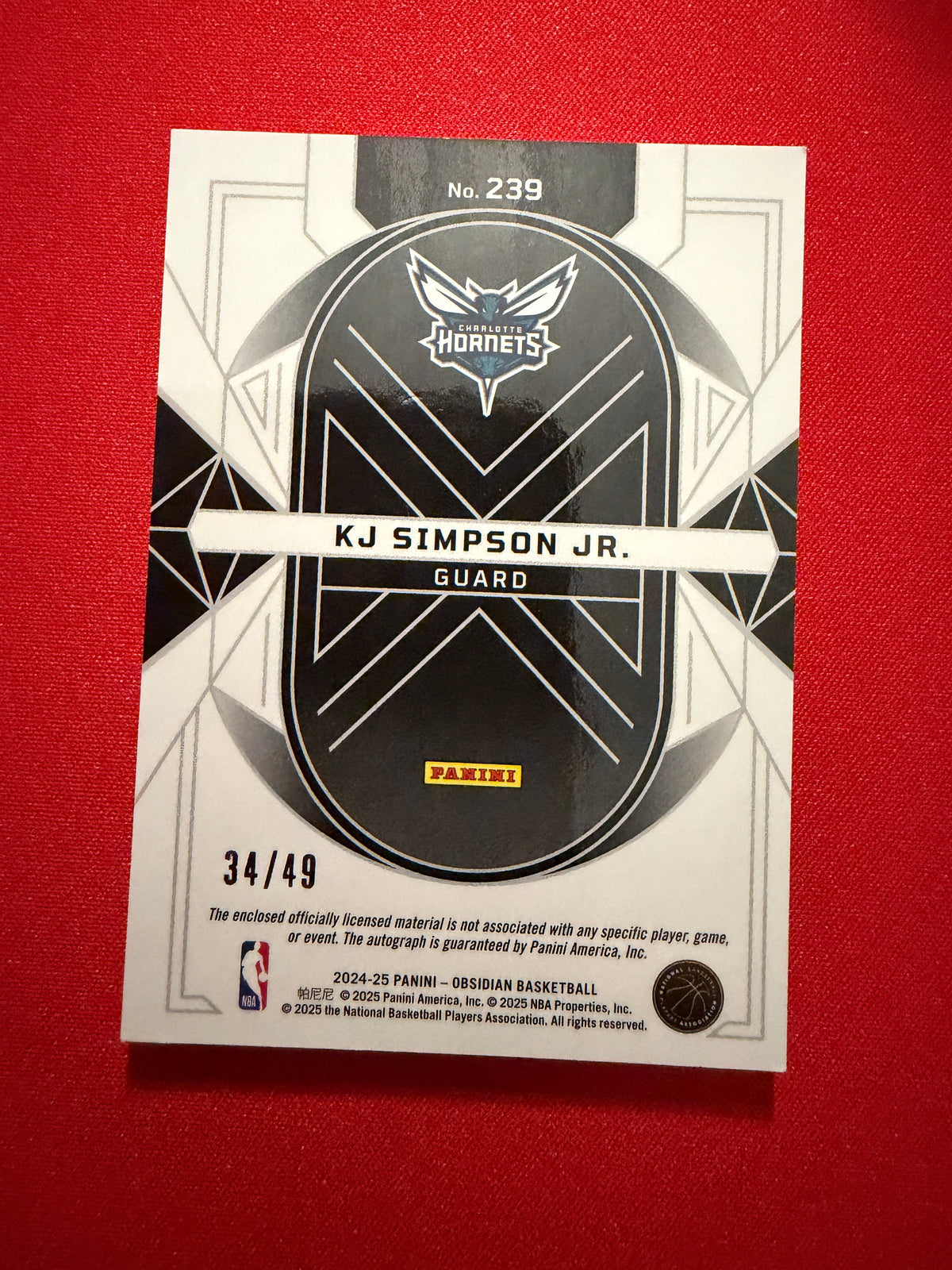 KJ Simpson Jr. 2024-25 Panini Obsidian Rookie Jersey Autographs Pink Flood /49