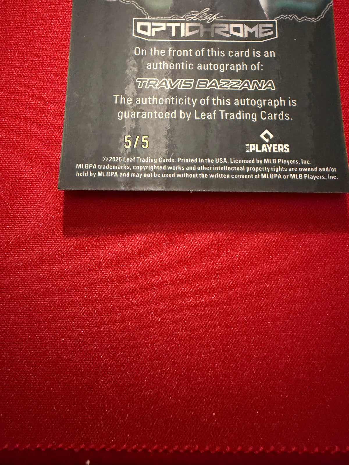 Travis Bazzana 2025 Leaf Optichrome Glimpse Into Future Auto 5/5 Bookend