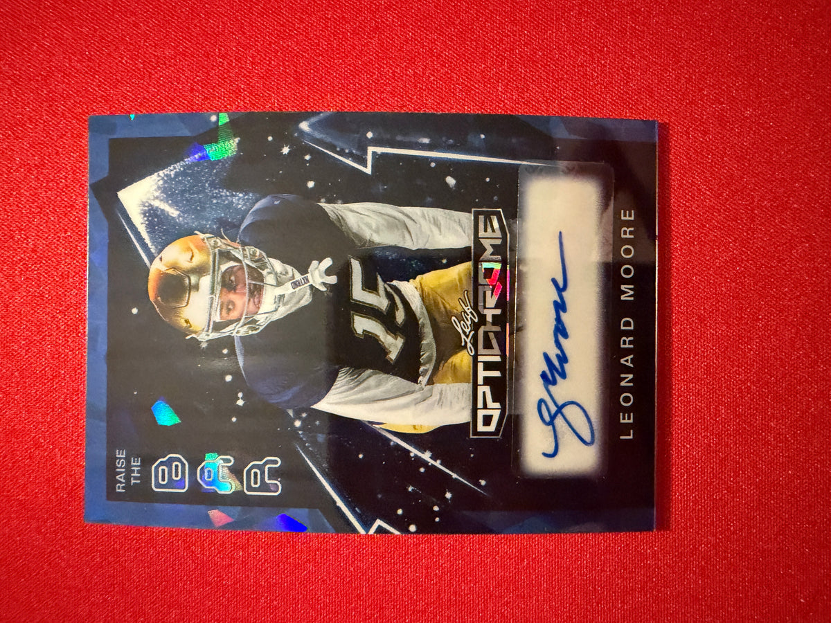 Leonard Moore 2026 Leaf Optichrome Football Raise The Bar Auto Blue Crystal /5