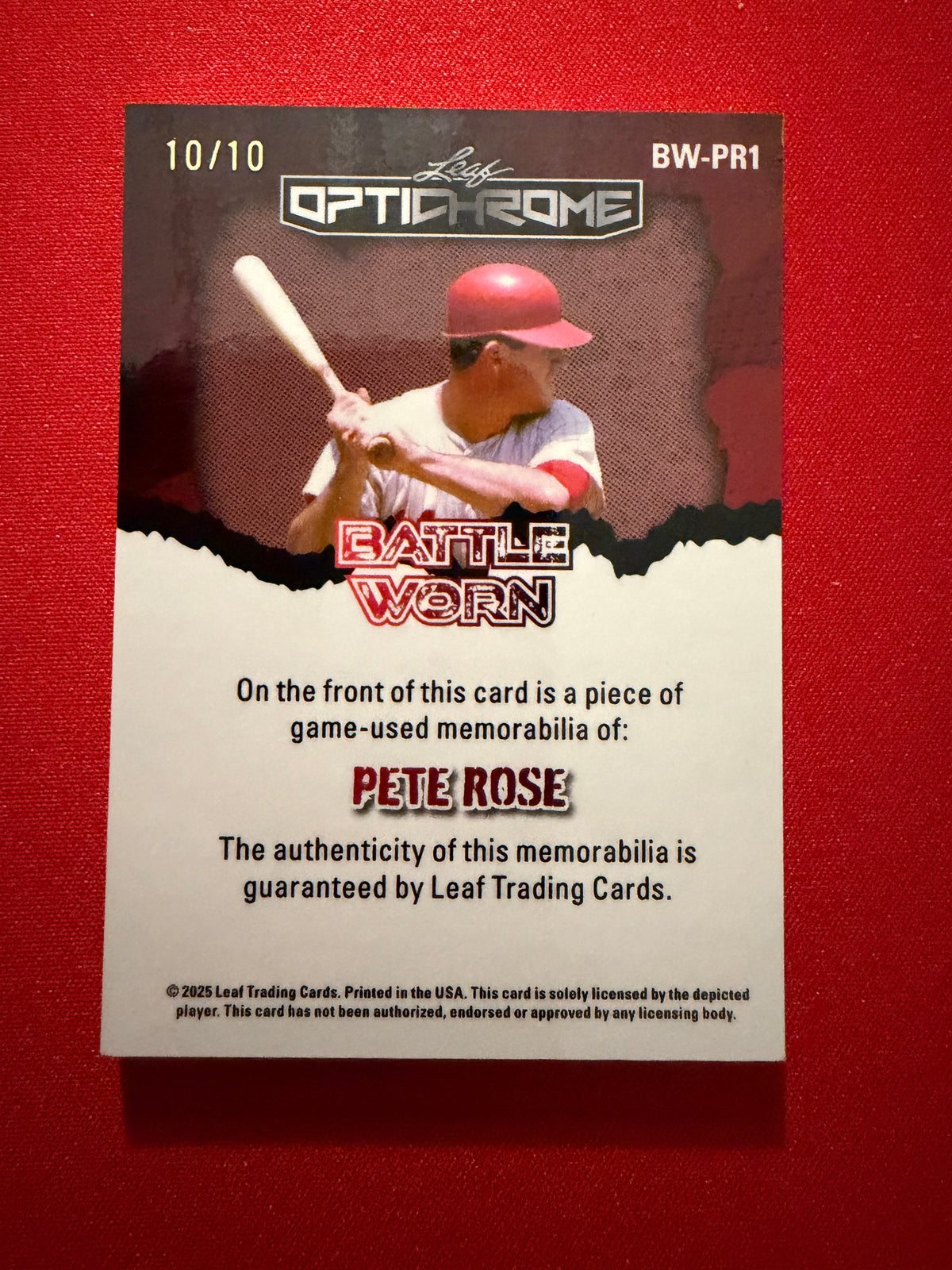 2025 Leaf Optichrome Pete Rose Game-Used Multicolor Relic Battle Worn 10/10