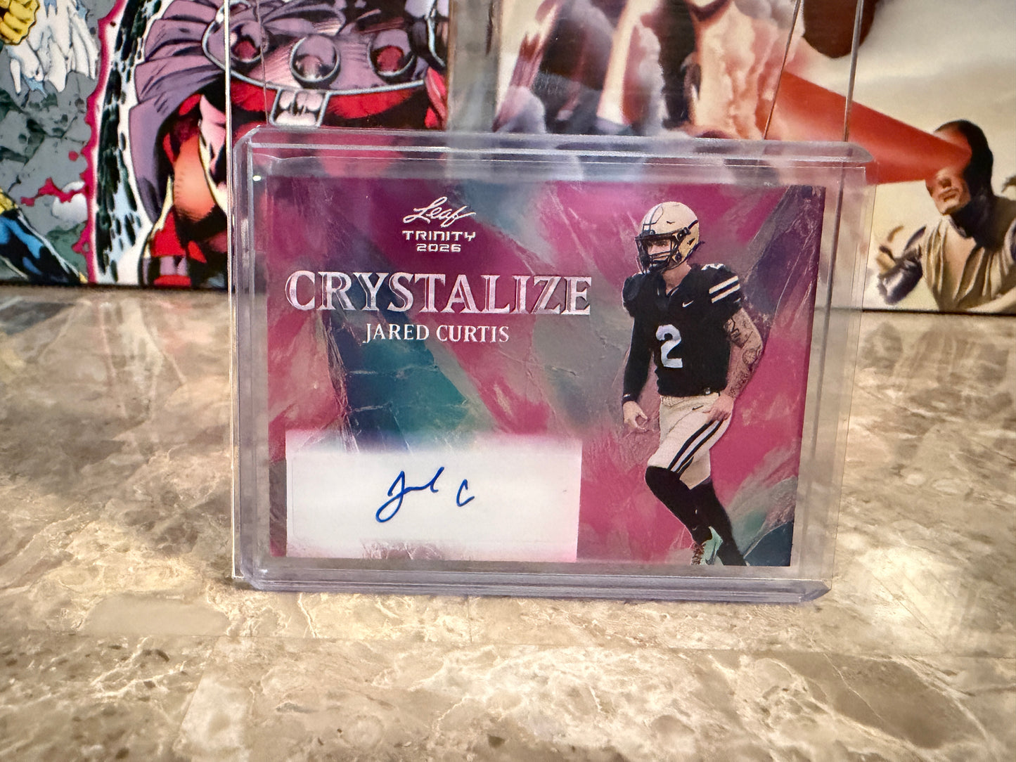 Jared Curtis 2026 Leaf Trinity Football Crystalize Auto Pink Clear