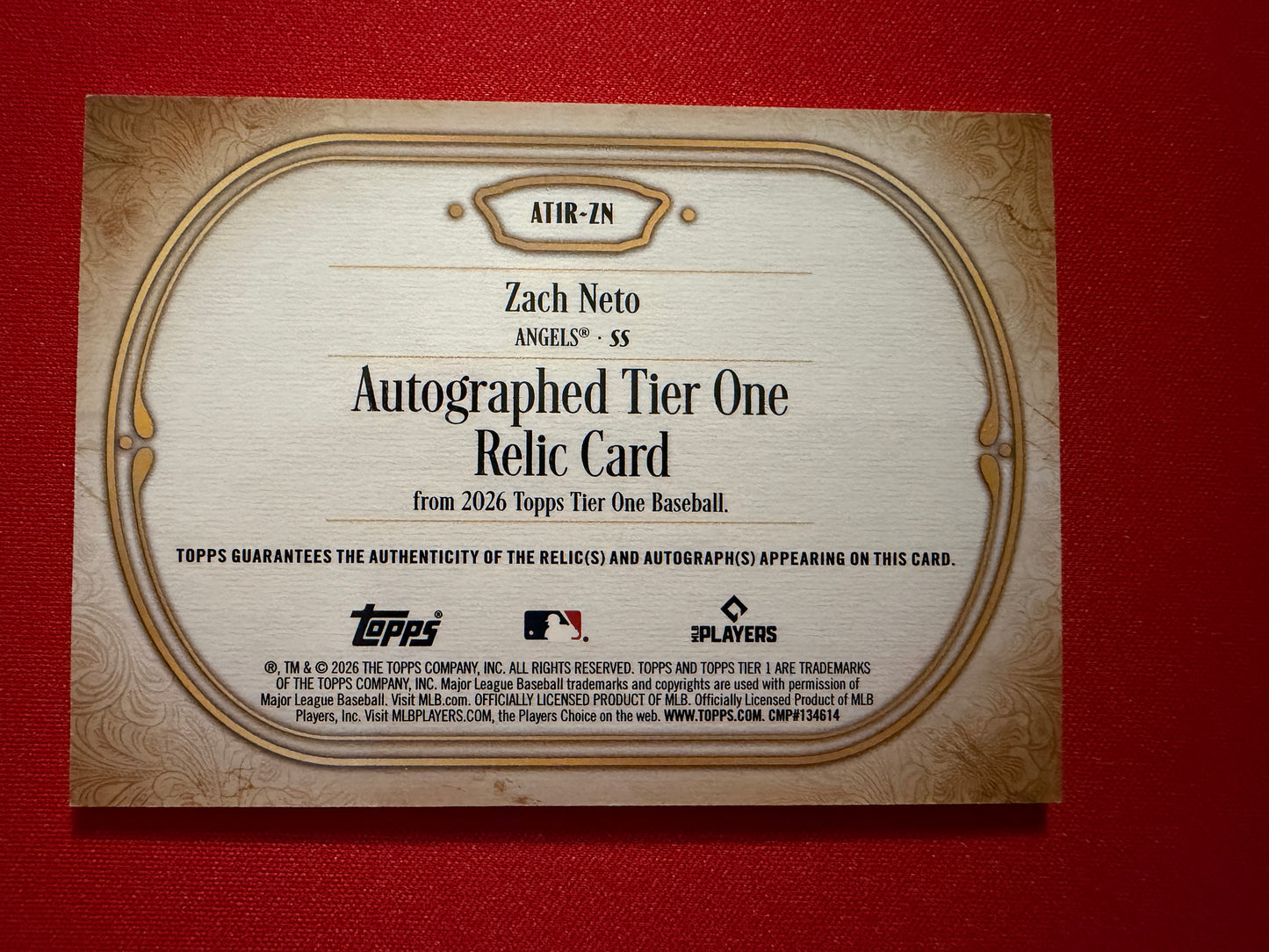 Zach Neto 2026 Topps Tier One Baseball Autographed Tier One Relic Game-Used /199