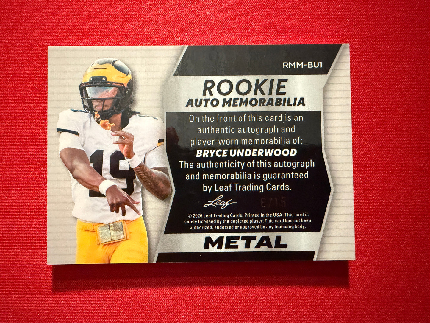 Bryce Underwood 2026 Leaf Trinity Football Rookie Auto Memo Metal Tag Patch /15