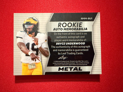 Bryce Underwood 2026 Leaf Trinity Football Rookie Auto Memo Metal Tag Patch /15