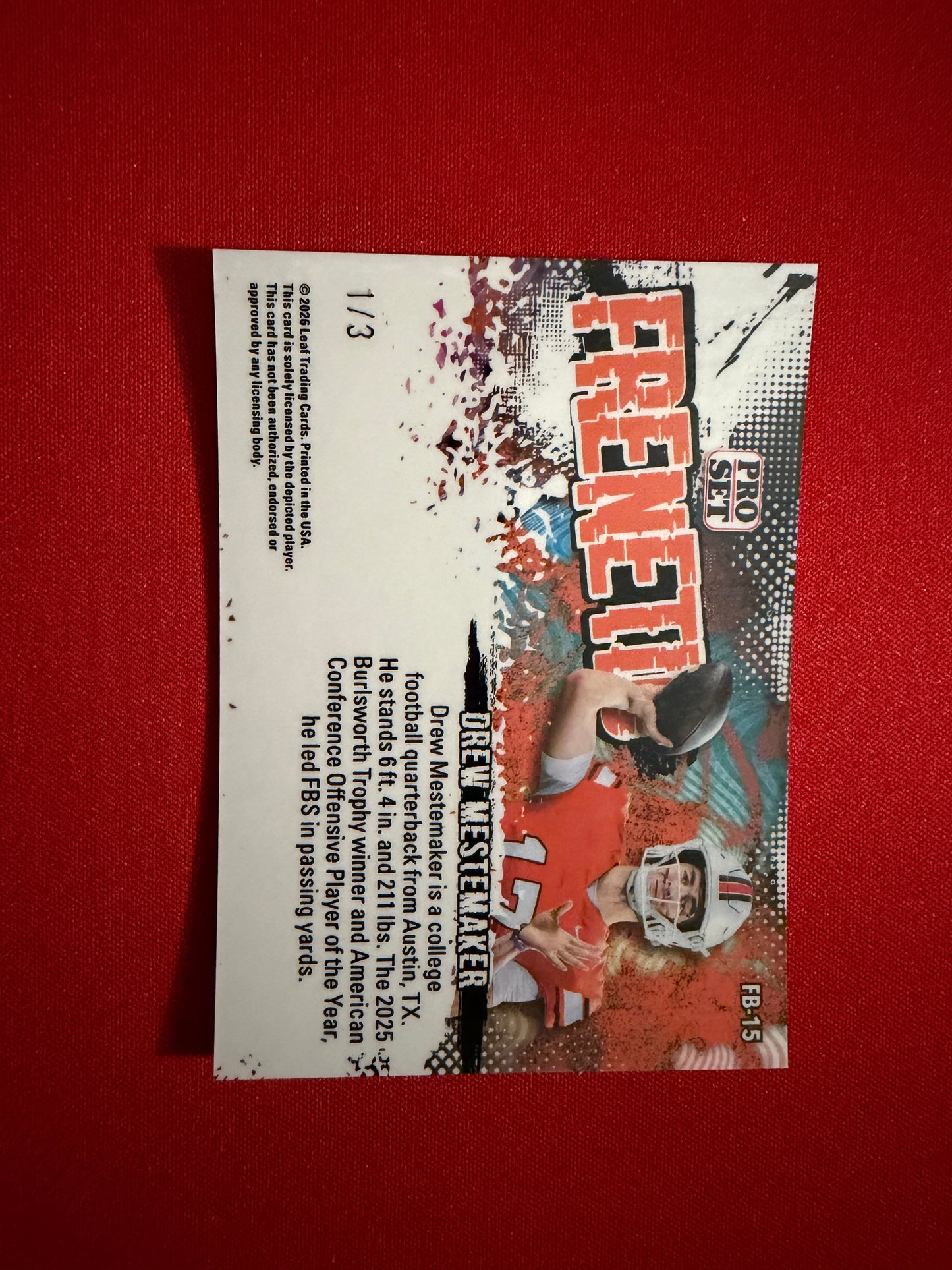 2026 Leaf Pro Set Metal Football Drew Mestemaker Frenetic Orange Color Match 1/3