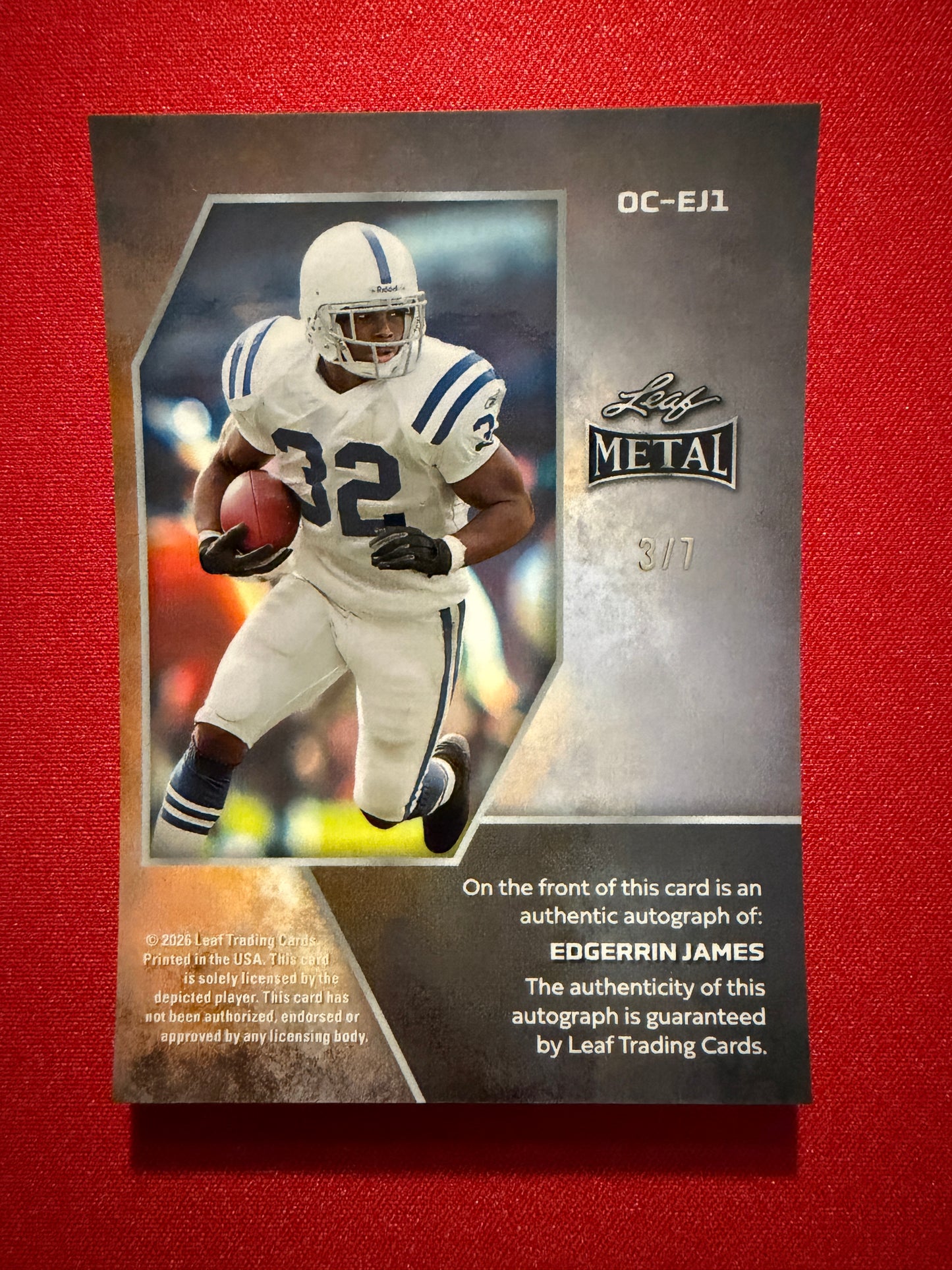 2026 Leaf Metal Football Edgerrin James On-Card Auto White Color Match Kaleidoscope