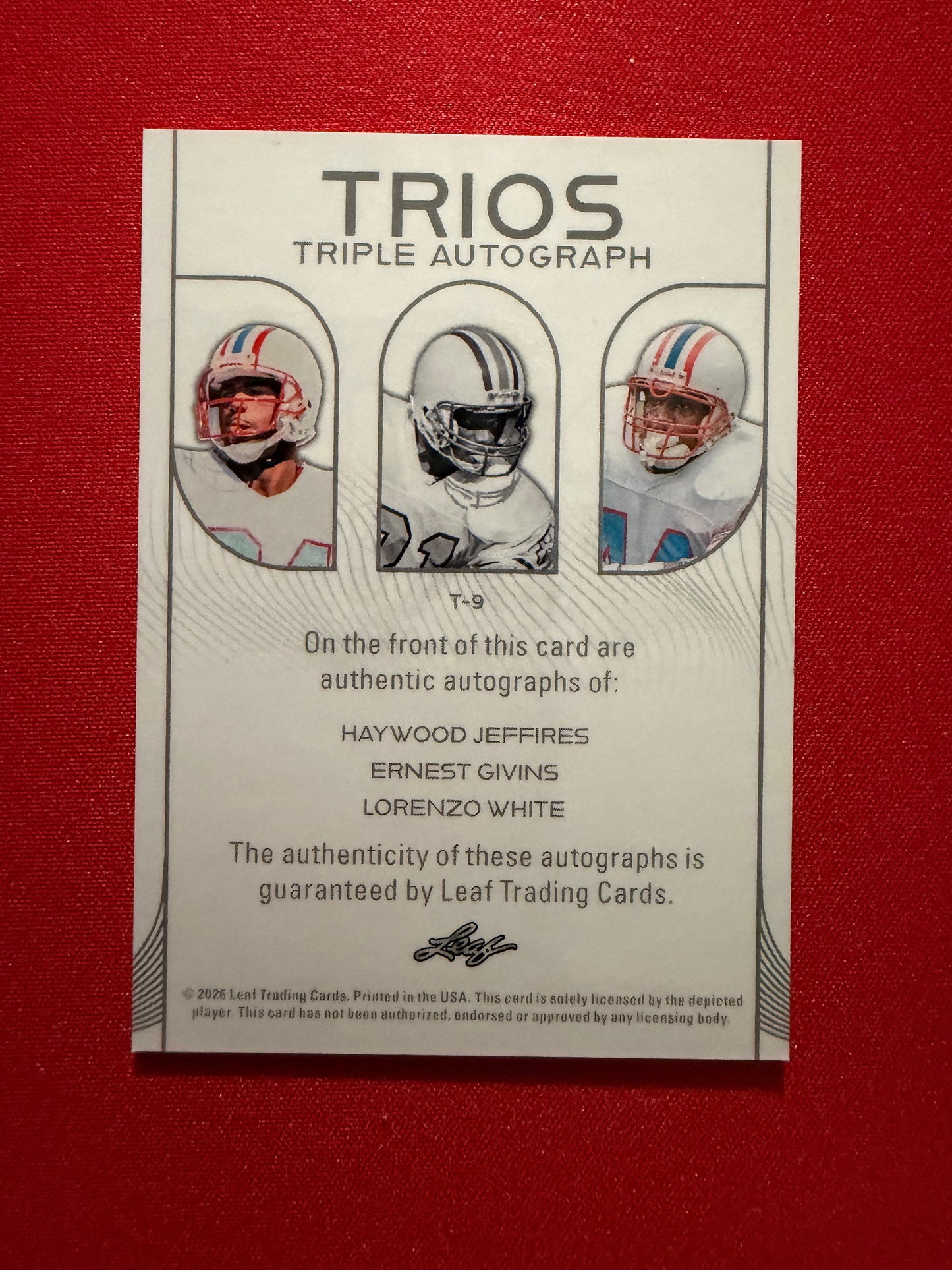 Jeffries Givins Lorenzo White 2026 Leaf Trinity Trios Triple Auto Oilers /6