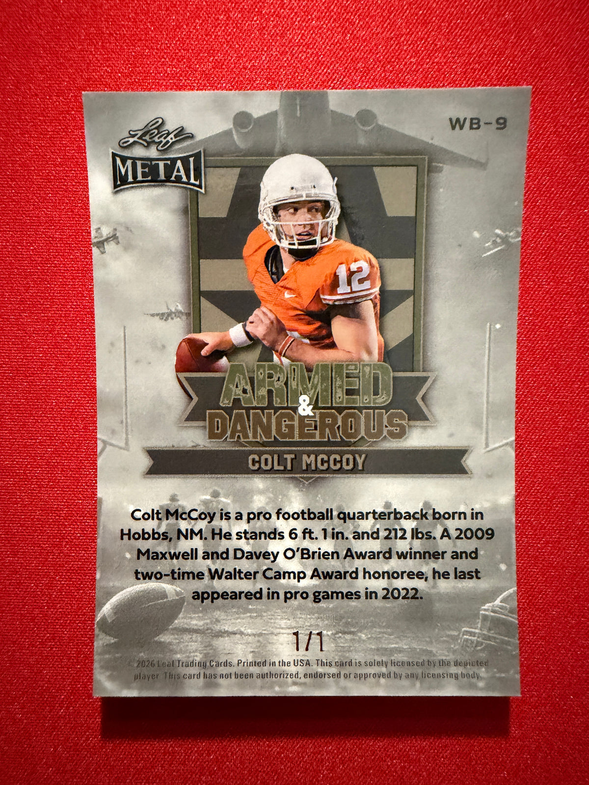 2026 Leaf Metal Colt McCoy Stainless Auto Red Flood Super 1/1 2-Card Lot