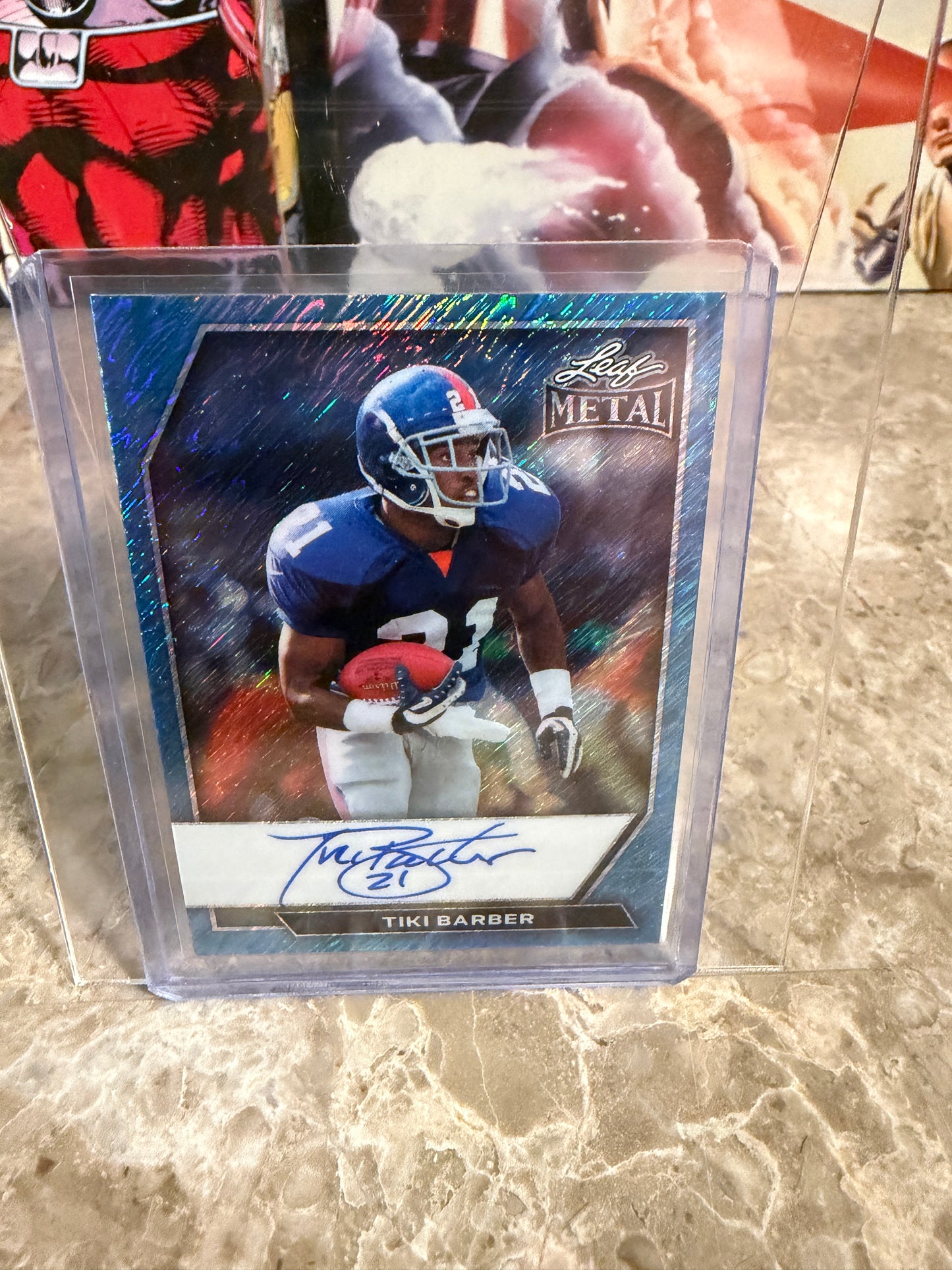 2026 Leaf Metal Football Base Platinum Blue Shimmer On-Card Autograph Tiki Barber 5/5