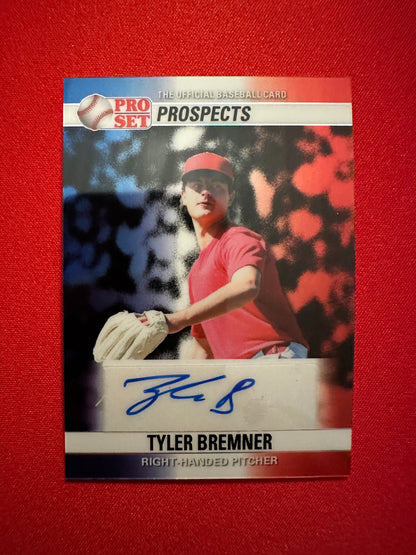 Tyler Bremner 2026 Leaf Pro Set Prospects 1990 Red, White and Blue Prismatic Auto 1/1