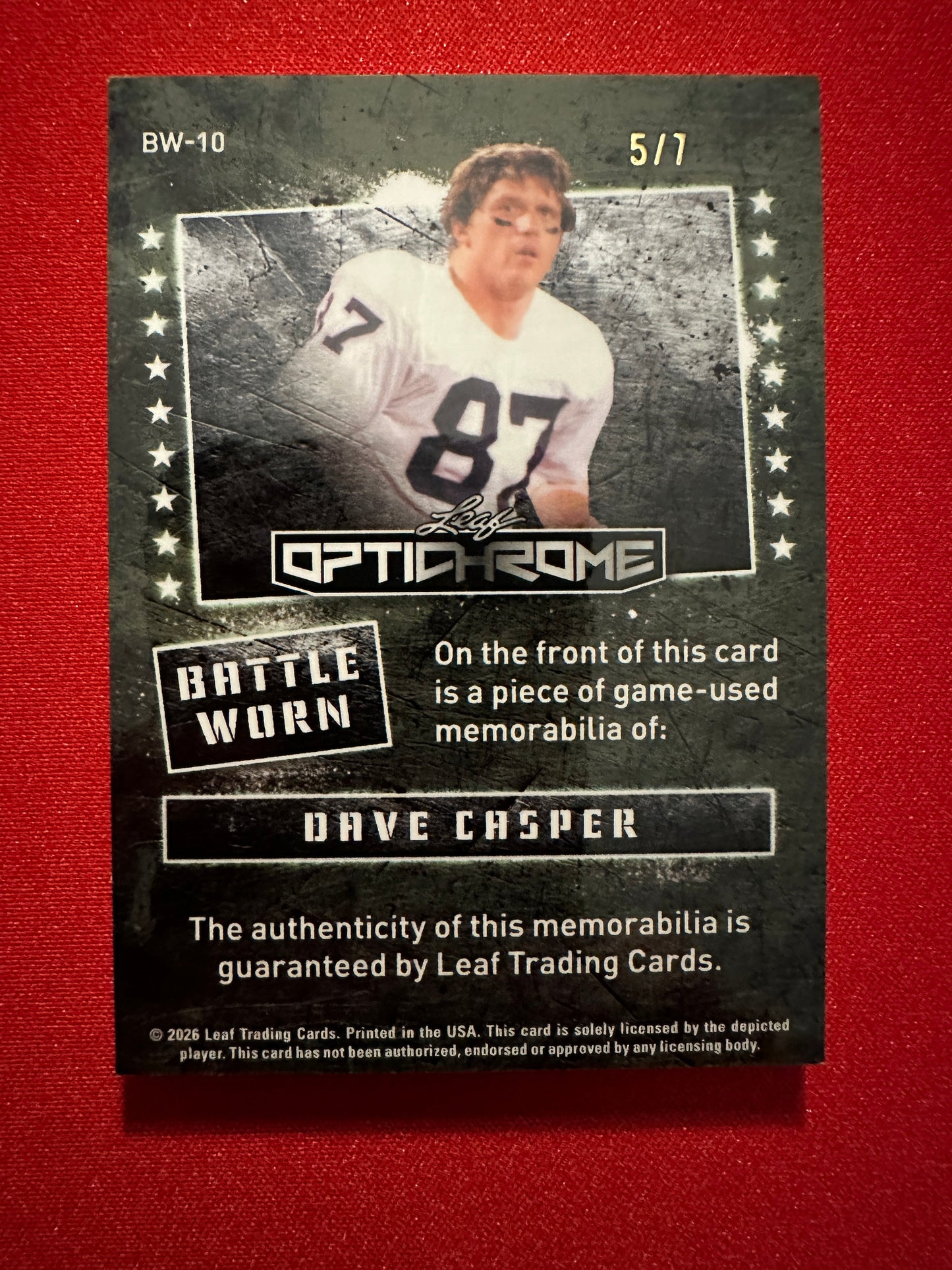 2026 Leaf Optichrome Dave Casper BATTLE WORN PATCH /7 PURPLE CRYSTAL HOF