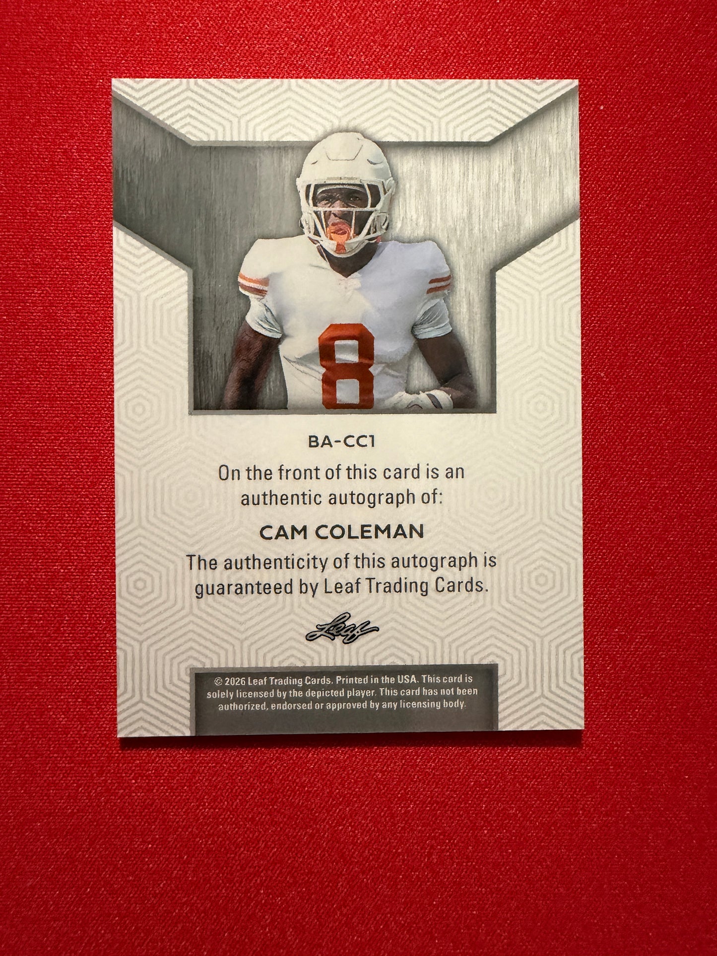 Cam Coleman 2026 Leaf Trinity Football Base Auto Purple Black 1/1