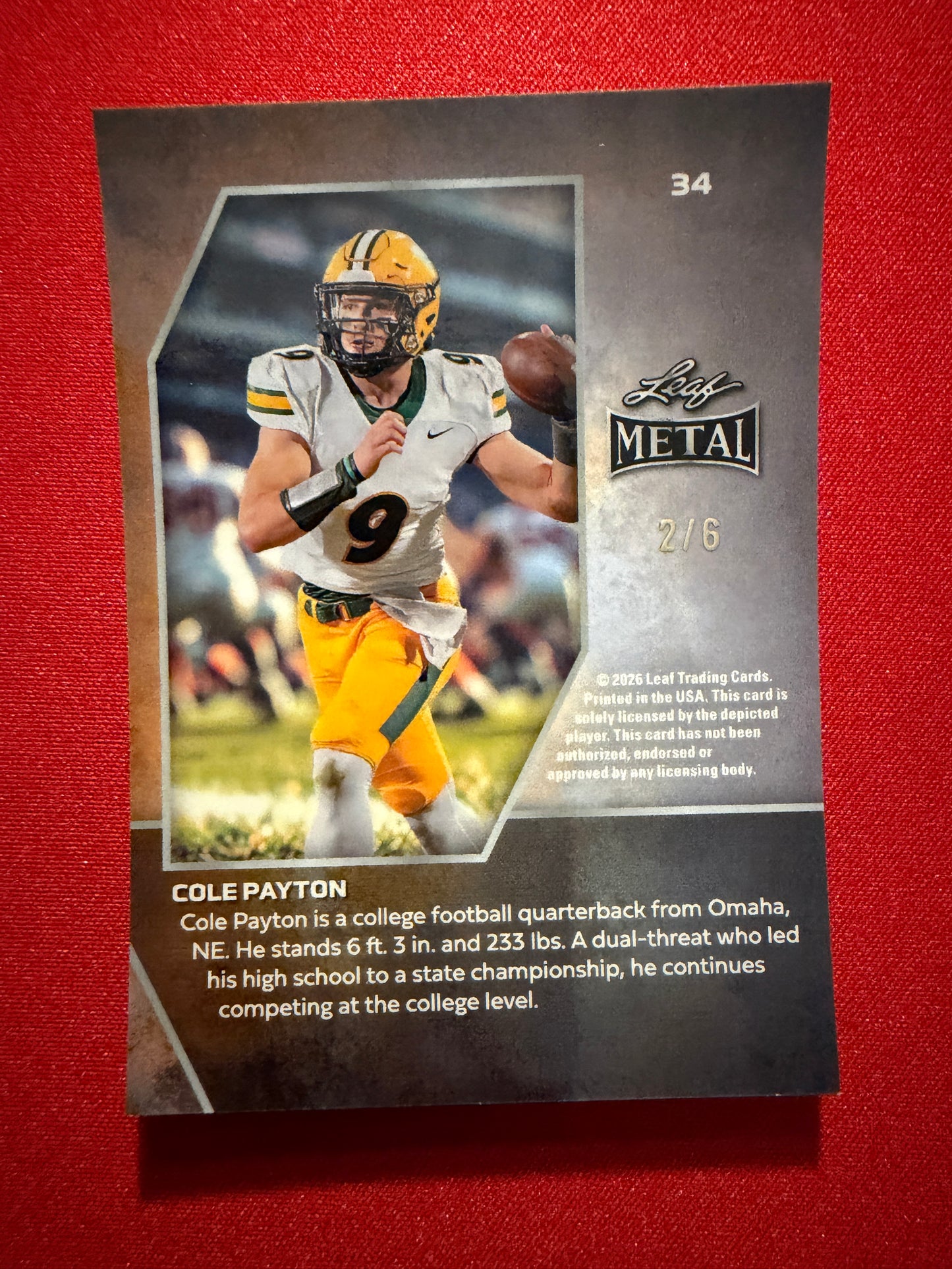2026 Leaf Metal Football Cole Payton Base Pink Shimmer 2/6