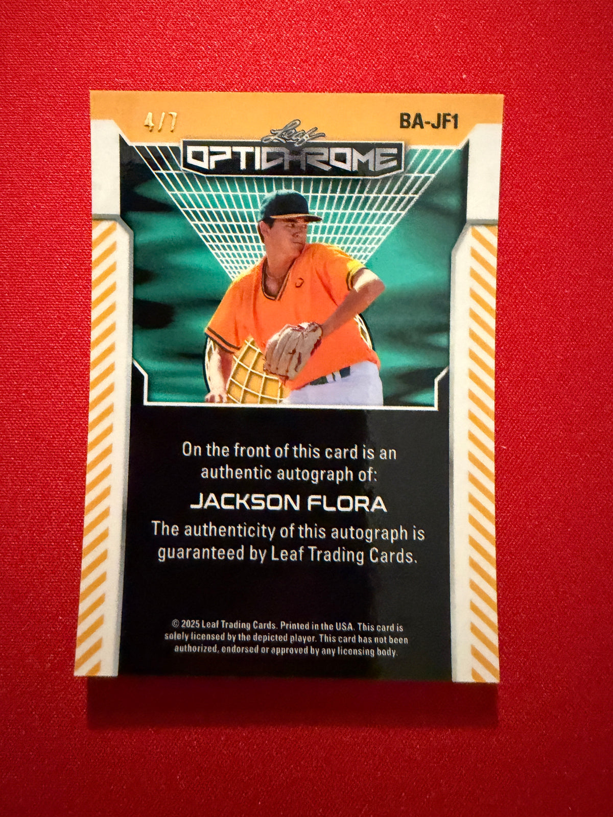Jackson Flora 2025 Leaf Optichrome Baseball Base Auto Platinum /7