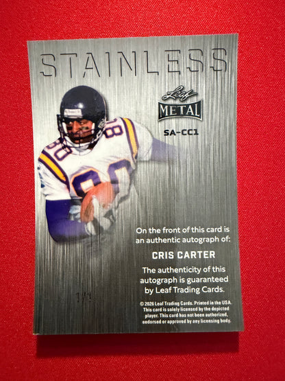 Chris Carter 2026 Leaf Metal Football Stainless Auto Gold Super Prismatic 1/1