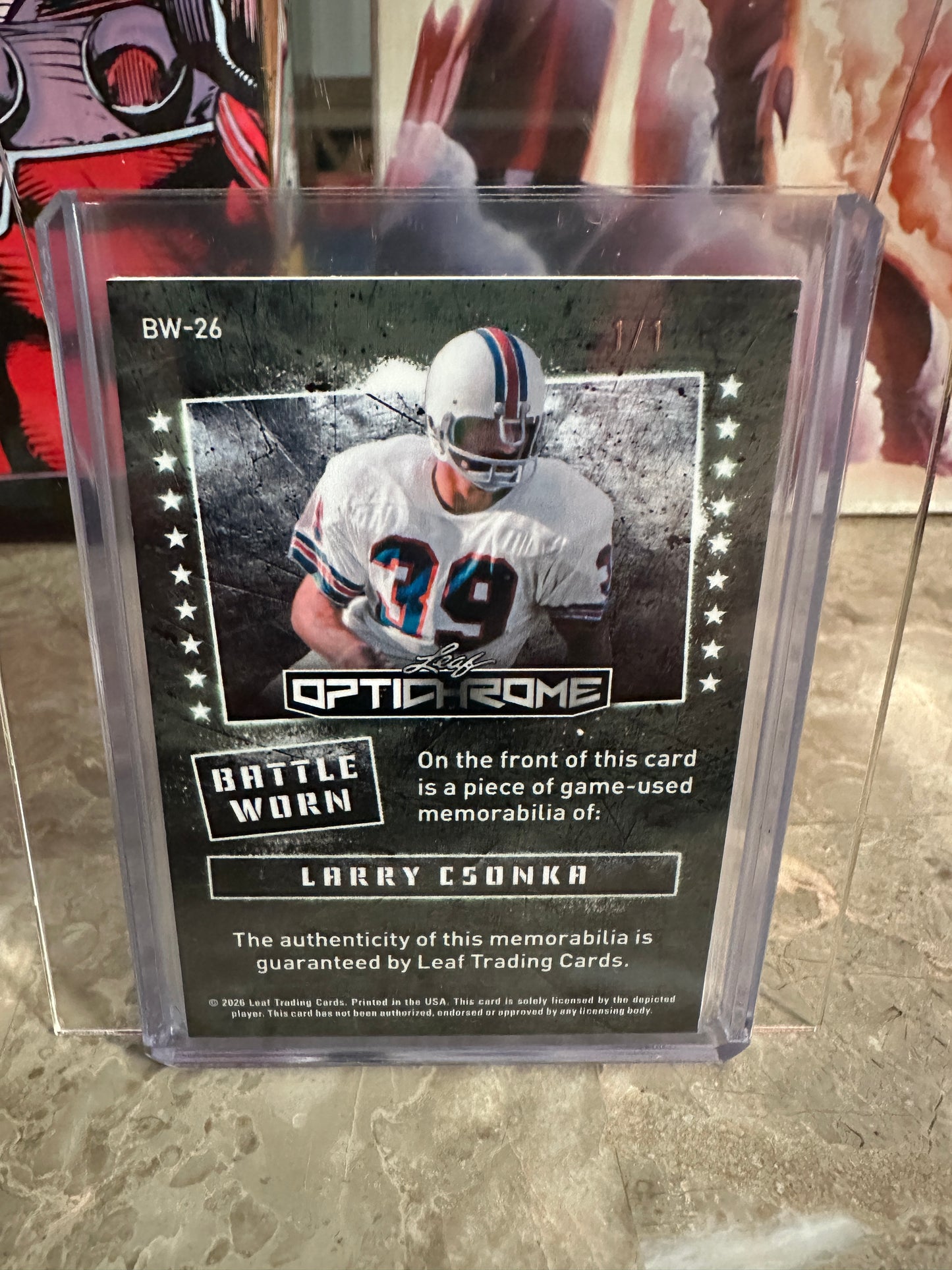2026 Leaf Optichrome Larry Csonka BATTLE WORN DUAL COLOR PATCH 1/1 Dolphins HOF