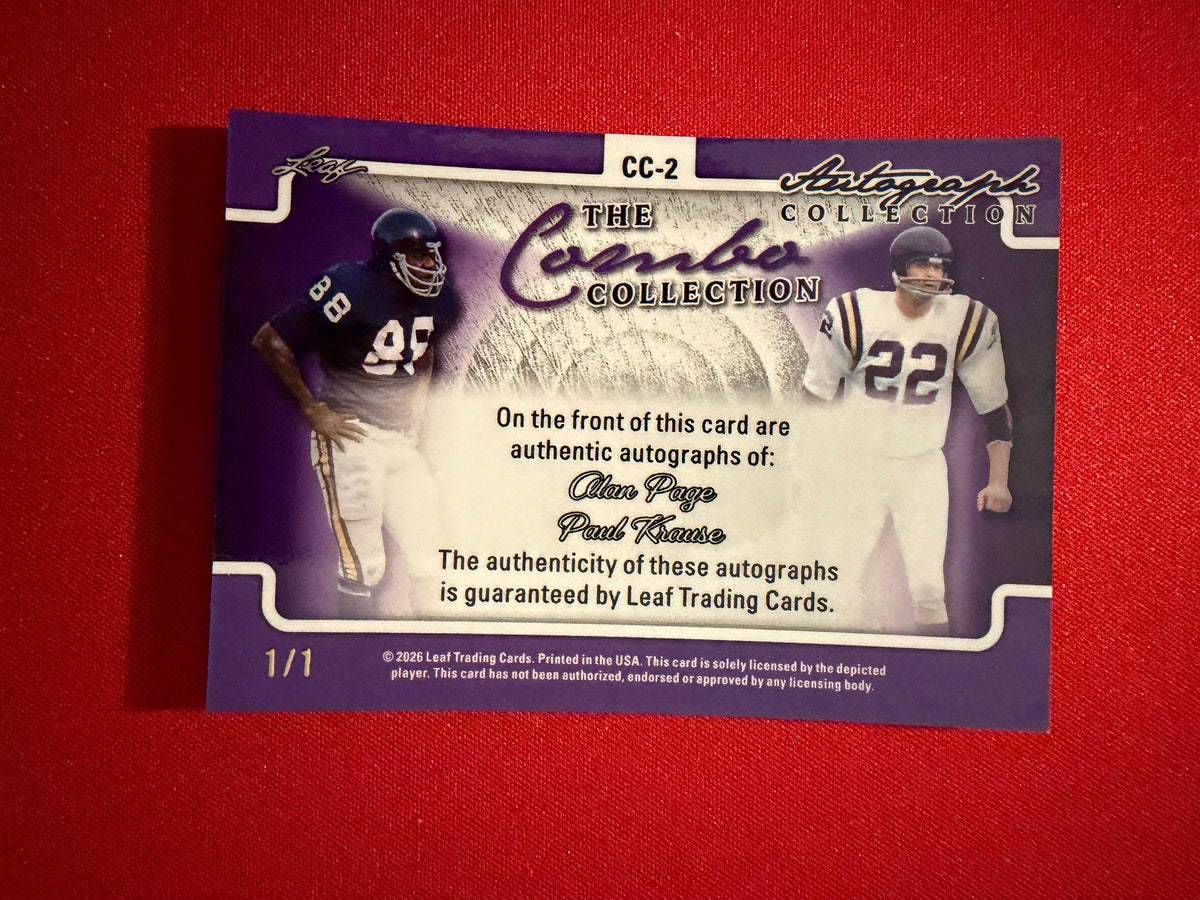 Paul Krause Alan Page 2026 Leaf Autograph Collection Combo Dual Cracked Ice 1/1