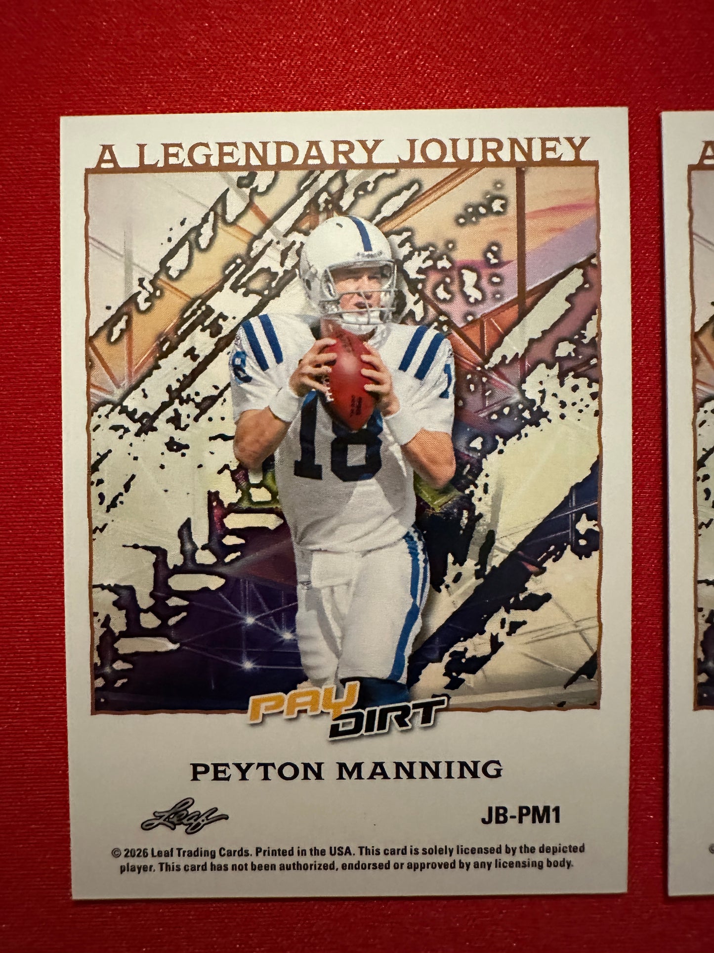 Peyton Manning 2026 Leaf Paydirt Football A Legendary Journey Orange Parallel Two-Card Lot