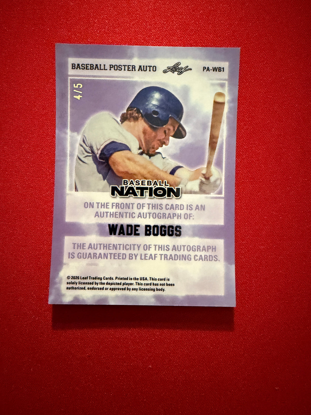 2026 Leaf Baseball Nation Wade Boggs Poster Auto Green Cracked Ice /5