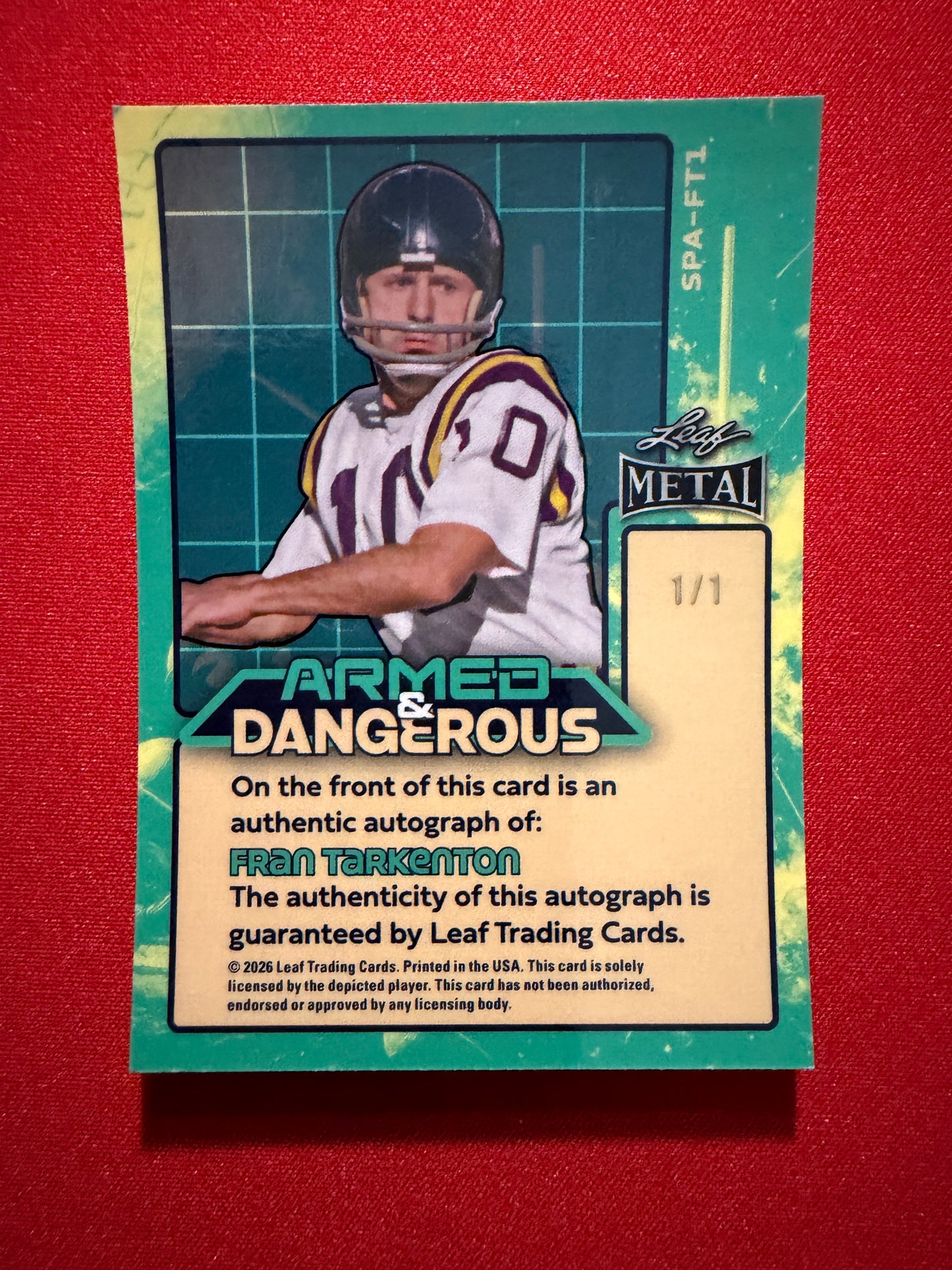 2026 Leaf Metal Football Armed and Dangerous Green Shimmer Auto 1/1 Fran Tarkenton