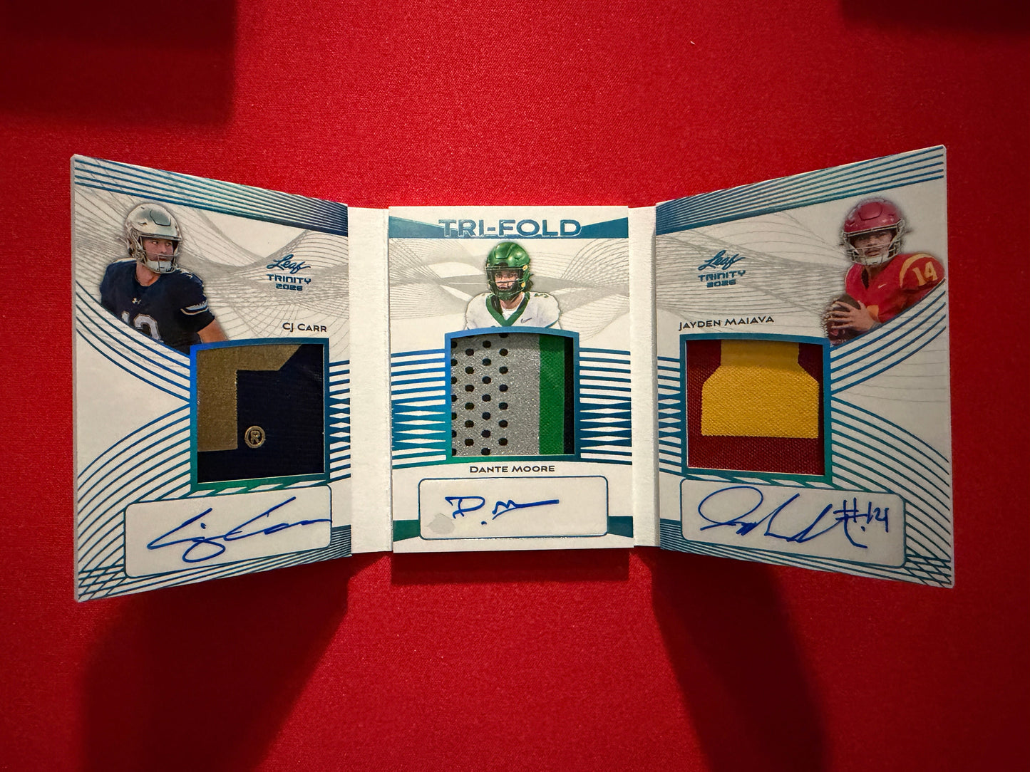 CJ Carr Dante Moore Maiava 2026 Leaf Trinity Football Tri-Fold Triple Patch Auto