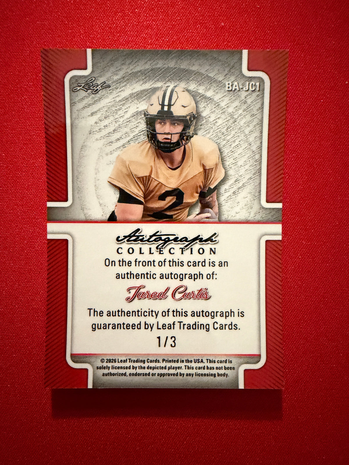 Jared Curtis 2026 Leaf Autograph Collection Football Base Auto Pink 1/3 Bookend