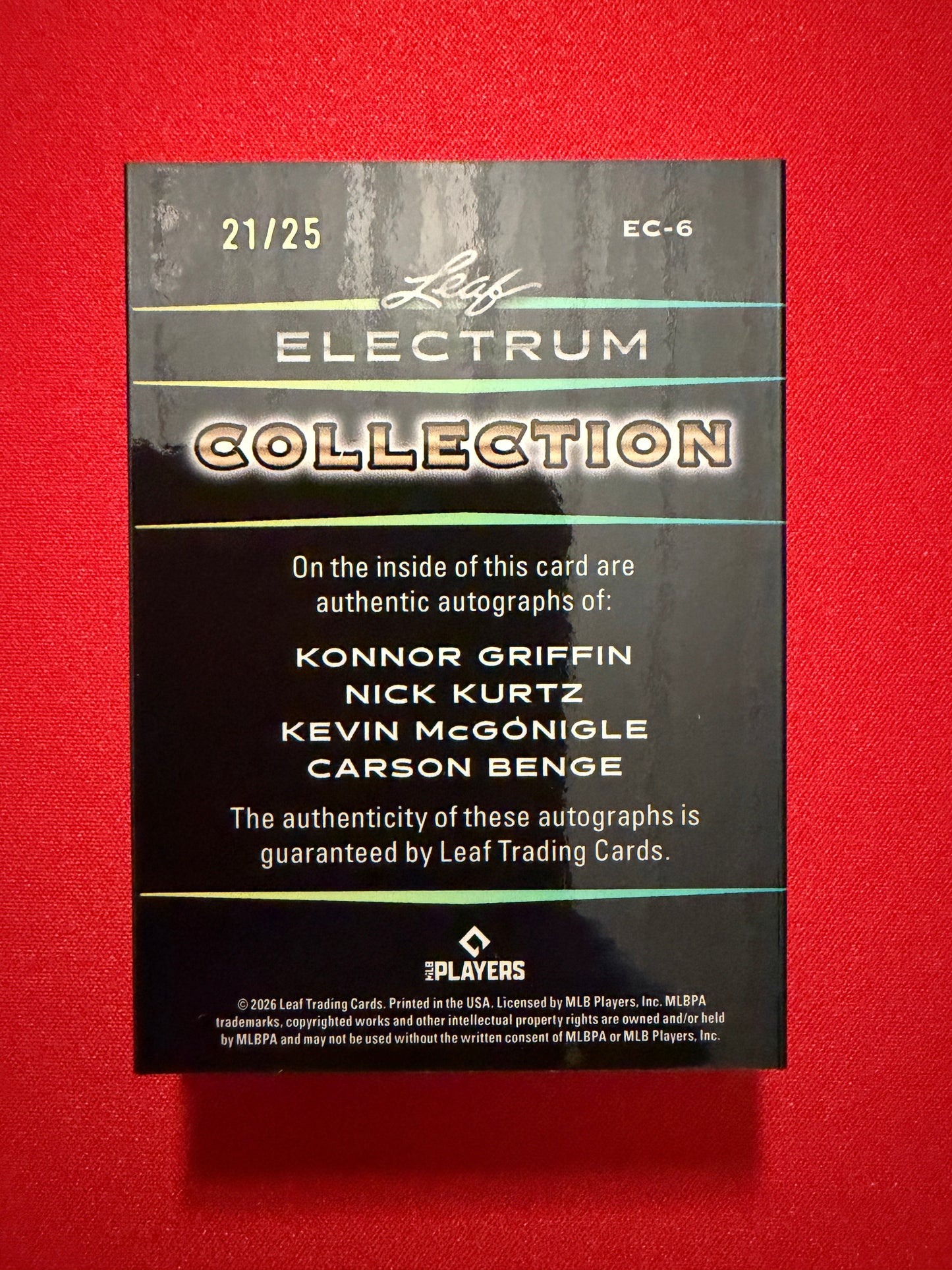 Griffin / Nick Kurtz / Kevin McGonigle / Carson Benge 2026 Leaf Electrum Quad Auto Booklet