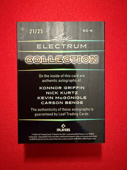 Griffin / Nick Kurtz / Kevin McGonigle / Carson Benge 2026 Leaf Electrum Quad Auto Booklet